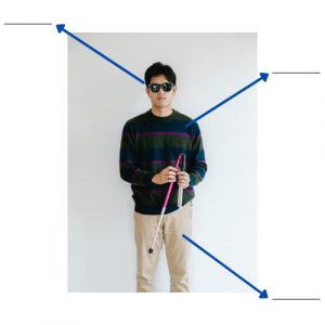 Person holding a white cane (a device used by many people who are blind or visually impaired). Three arrows connected to blanks are pointing to dark glasses, a sweatshirt, and pants.