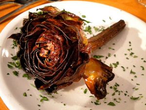 Carciofi alla giudia (literally "Jewish style artichokes") is one of the most famous dishes of the Roman Jewish cuisine – Italy.