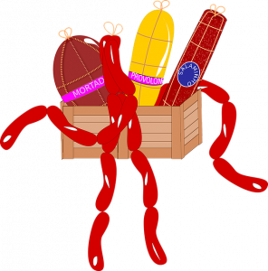 Illustration of a basket with sausages
