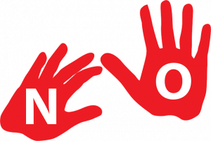 Illustration of red hands. The left has "N" and the right has "O" to spell "NO".