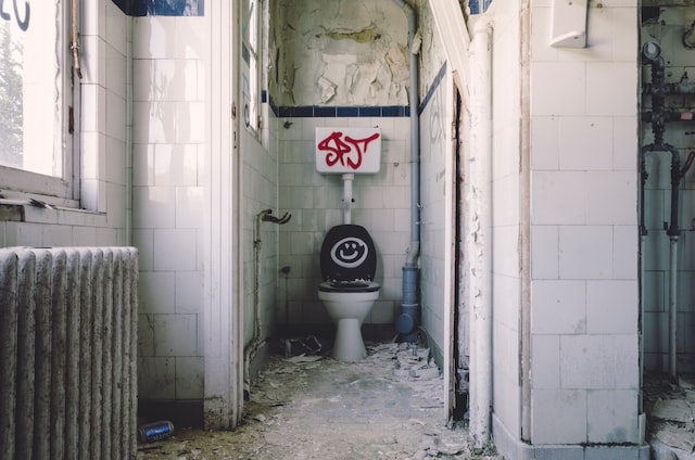 A dirty and filthy bathroom in a ruined building
