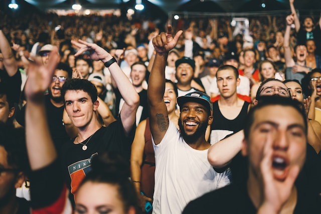 People singing and smiling at a concert