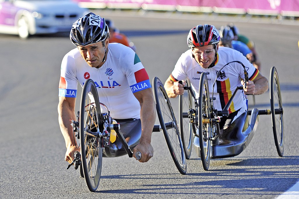 The Italian athlete Alex Zanardi racing with his handbike