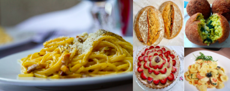 Collage of spaghetti carbonara, arancina (stuffed rice balls), bread, strawberry cake, and orecchiette