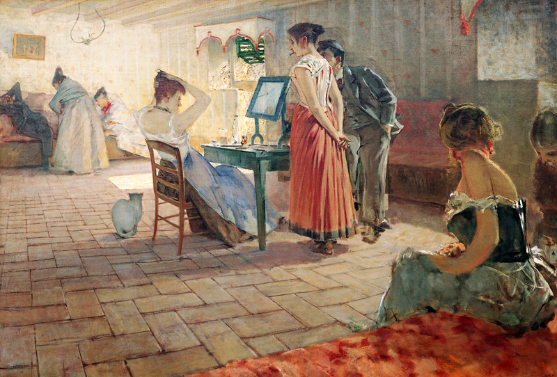 Painting by Telemaco Signorini, titled La Toilette Del Mattino. People are in a room surrounding a woman getting ready sitting in front of a vanity.