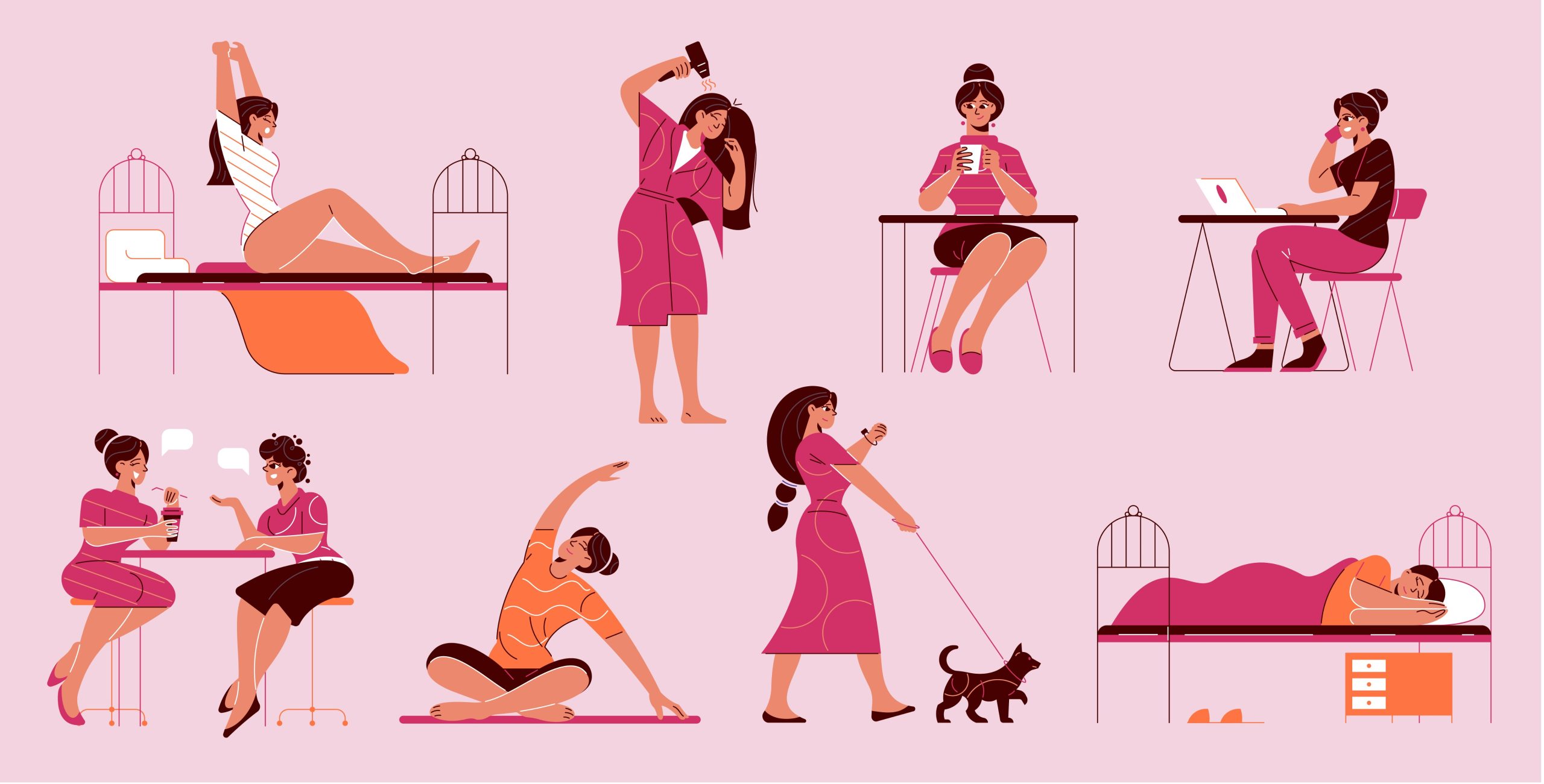 Illustration of a woman going through the day in this order: waking up in bed, blow drying her hair, sitting at a desk with a cup of coffee, sitting at a desk on the phone with a laptop, chatting with a friend over coffee, doing yoga, walking her dog, and sleeping in bed.