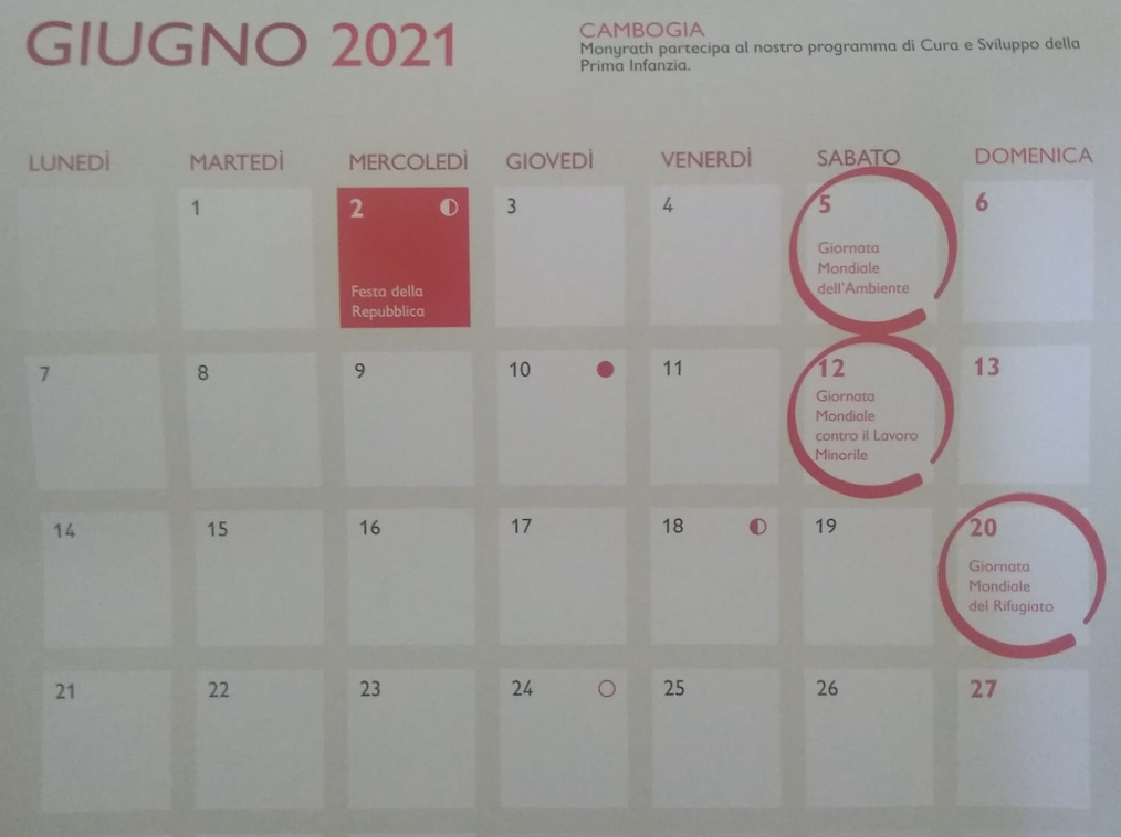 An Italian calendar showing the month of June 2021