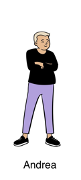 Illustration of Andrea, a person wearing a black sweater and purple pants.