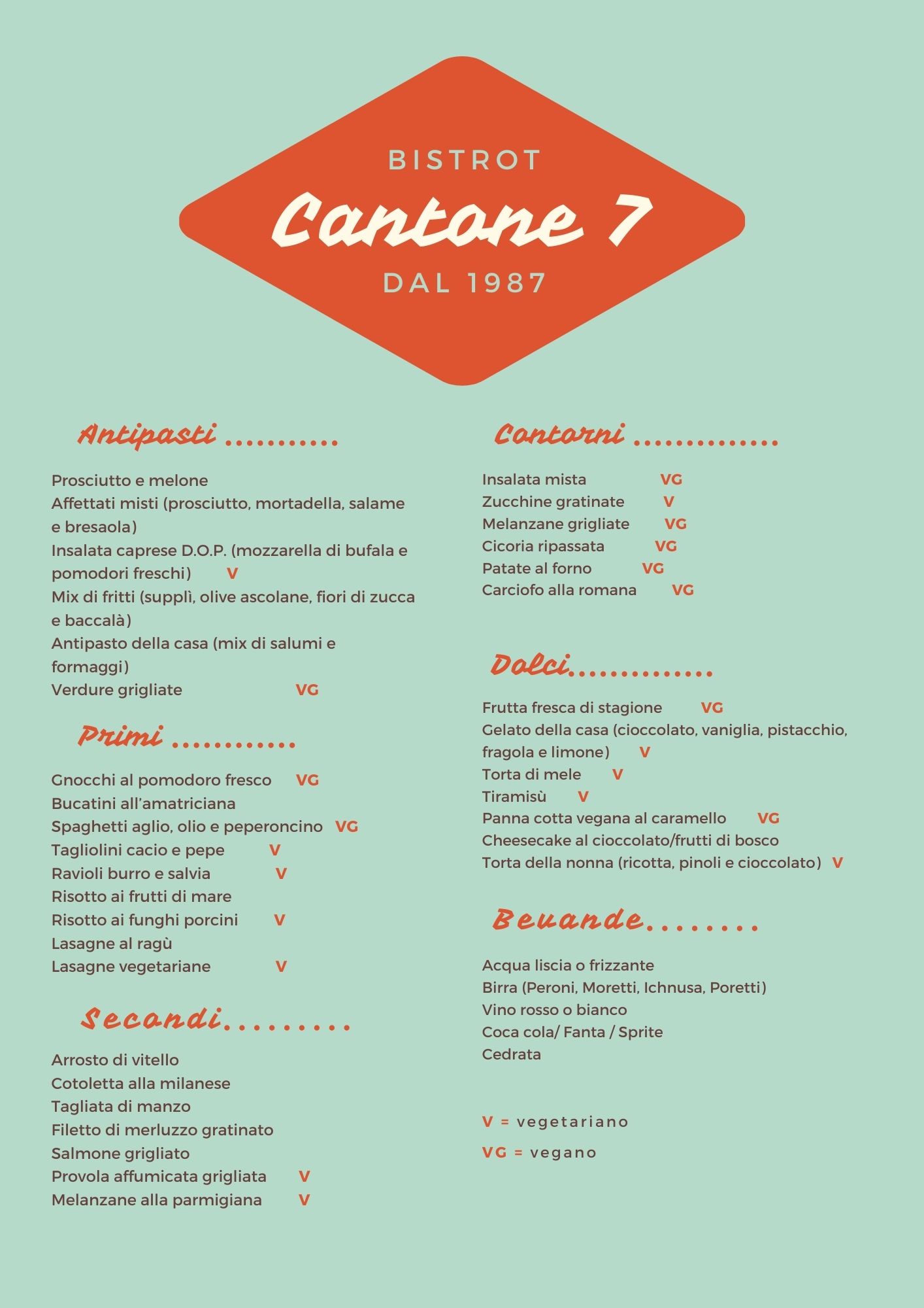 Menu for Cantone 7. Antipasti: Prosciutto e melone; Affettati misti (prosciutto, mortadella, salame e bresaola); Insalata caprese D.O.P. (mozzarella di bufala e pomodori freschi) V; Mix di fritti (supplì, olive ascolane, fiori di zucca e baccalà); Antipasto della casa (mix di salumi e formaggi); Verdure grigliate VG. Primi: Gnocci al pomodoro fresco VG; Bucatini all'amatriciana; Spaghetti aglio, olio e peperoncino VG; Tagliolini cacio e pepe V; Ravioli burro e salvia V; Risotto ai frutti di mare; Risotto ai funghi porcini V; Lasagne al ragù; Lasagne vegetariane V. Secondi: Arrosto di vitello; Cotoletta alla milanese; Tagliata di manzo; Filetto di merluzzo gratinato; Salmone grigliato; Provola affumicata grigliata V; Melanzane alla parmigiana V. Contorni: Insalata mista VG; Zucchine gratinate V; Melanzane grigliate VG; Cicoria ripassata VG; Patate al forno VG; Carciofo alla romana VG. Dolci: Frutta fresca di stagione VG; Gelato della casa (cioccolato, vaniglia, pistacchio, fragola e limone) V; Torta di mele V; Tiramisù V; Panna cotta vegana al caramello VG; Cheesecake al cioccolato/frutti di bosco; Torta della nonna (ricotta, pinoli e cioccolato) V. Bevande: Acqua liscia o frizzante; Birra (Peroni, Moretti, Ichnusa, Poretti); Vino rosso o bianco; Coca cola/ Fanta/ Sprite; Cedrata. V = vegetariano. VG = vegano.