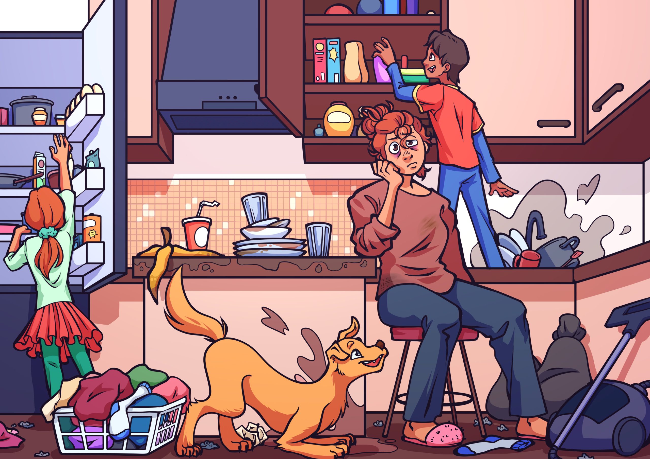 Illustration of mother in kitchen with two kids and one dog: One kid is rummaging through the fridge, one kid is on the counter looking through the cabinet, the dog has left a muddy puddle on the floor, there are dirty dishes, dirty laundry, garbage that needs to be taken out, trash on the floor, and a vacuum cleaner on the floor as the mom looks distraught and tired.