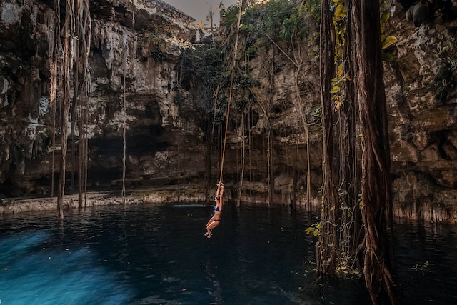 A woman falling in a lake