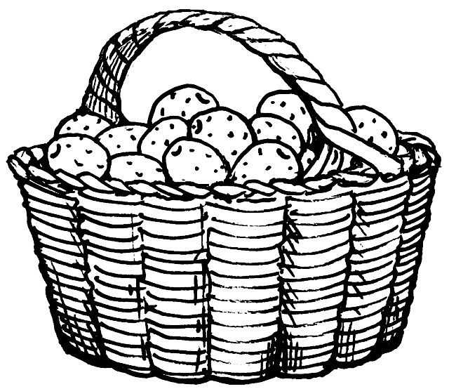 Line drawing of a basket with speckled eggs inside.