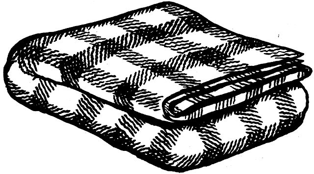 Line drawing of a folded gingham-patterned blanket.