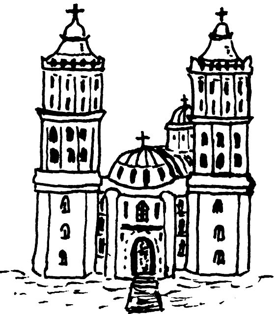 Line drawing of a church.