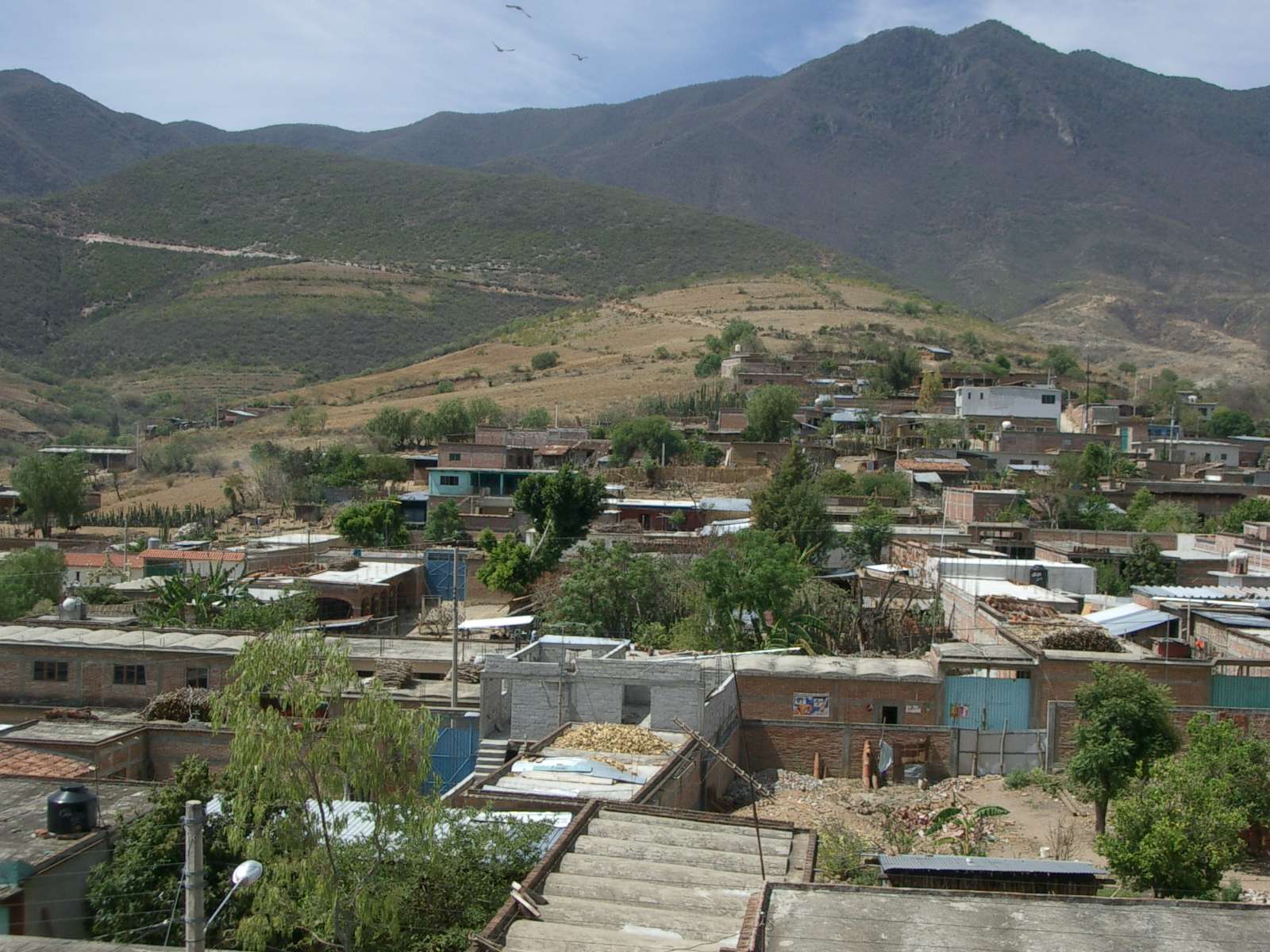 View from above of houses in San Lucas Quiaviní, with mountains in the background.