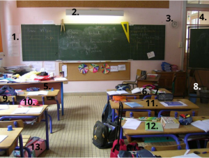 Classroom. 1. Blackboard 2. Light 3. Clock 4. Window 5. Teacher's desk 6. Textbook 7. Worksheet 8. Trashcan 9. Chair 10. Pencil case 11. Work bench 12. Notebook 13. Backpack