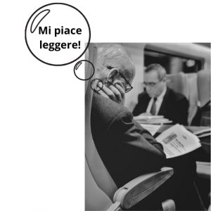 Man reading with "Mi piace leggere!"